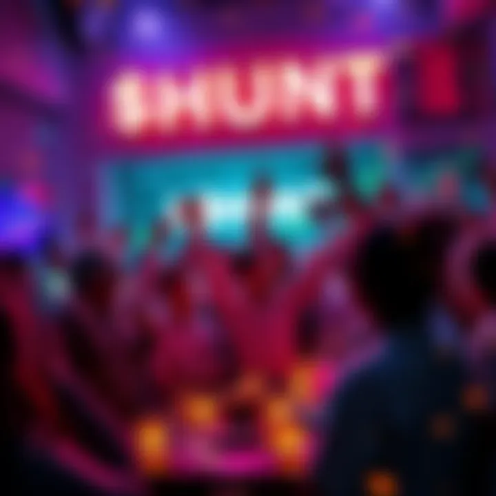 Community members celebrating the listing of $HUNT on CoinGecko with charts and tokens in the background.