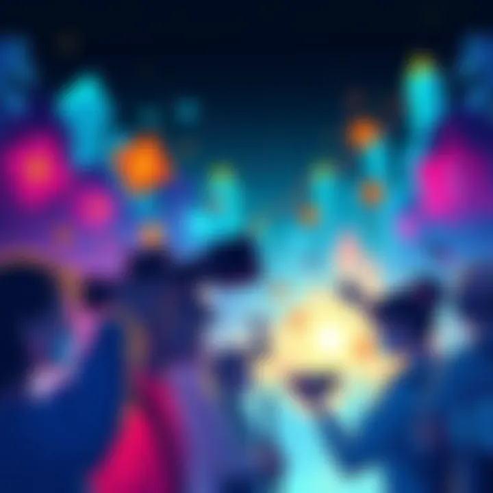 Illustration of people joining the $HUNT community with vibrant graphics representing rewards and missions.