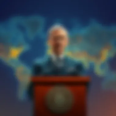 The IMF Chief speaking at a podium about cryptocurrency with a global map in the background.