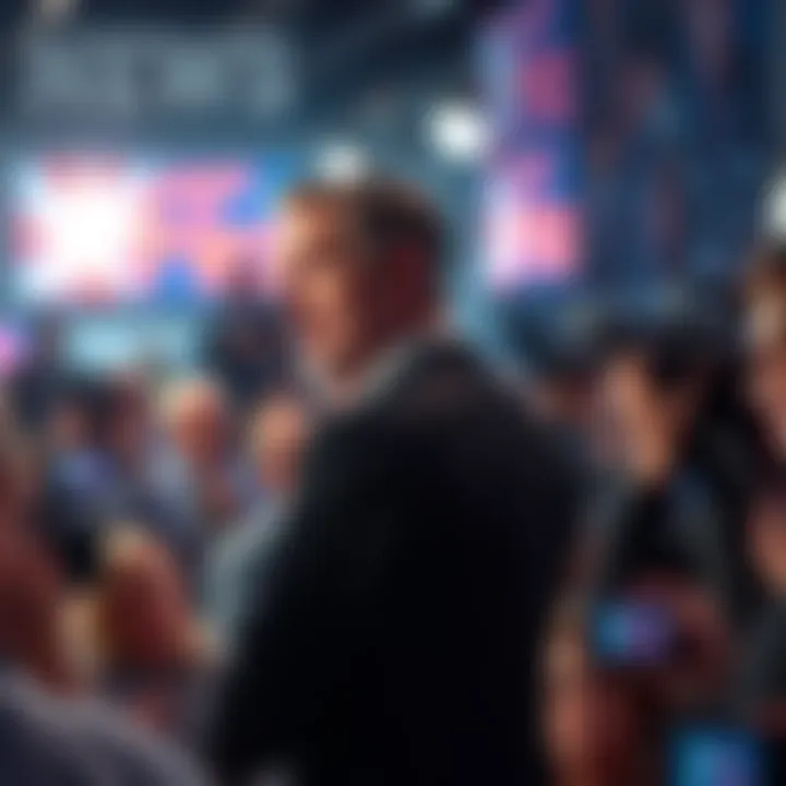 Influential Media Figure A prominent man speaking at a media event, engaging with an audience and surrounded by cameras.