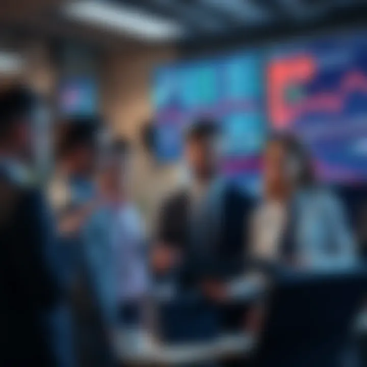 Insider Trading Overview A group of business people discussing stock trends in a modern office setting, analyzing data on screens.