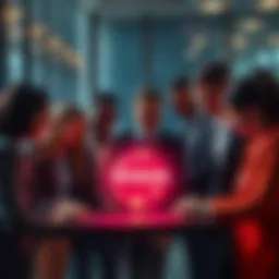A group of diverse professionals collaborating over a digital interface labeled HashSpheres, symbolizing partnership in the insurance industry.