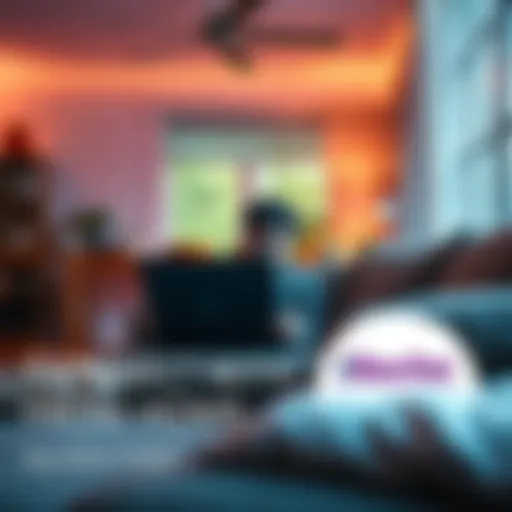 A comfortable home setting with a person using a laptop, engaging with others online in a relaxed atmosphere, symbolizing the Vooz community experience.