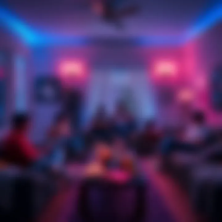 Introverts Connecting at Home A cozy living room scene where people are socializing online, showing laptops and snacks, representing introverts enjoying the Vooz community from home.