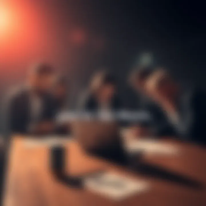 A group of people discussing mysterious events around a table with documents and a laptop.