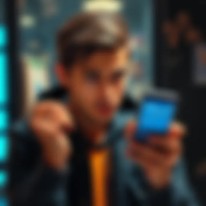A person looking concerned while holding a smartphone displaying a financial graph showing losses, pondering whether to keep or sell their investment.