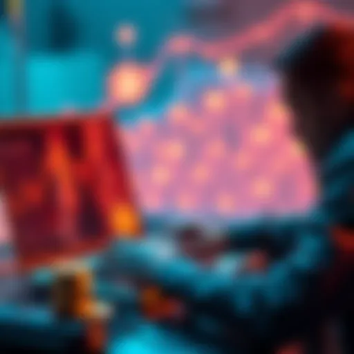 A person analyzing cryptocurrency investment options on a laptop with digital currency symbols in the background.