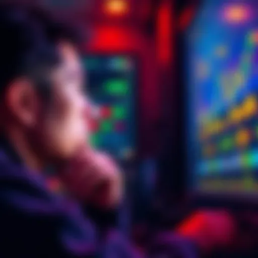 A person considering cryptocurrency investment, looking at charts and coins on a screen with a thoughtful expression.