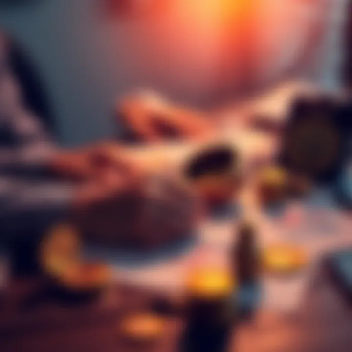 A person planning investment strategies with graphs and cryptocurrency symbols on a table.
