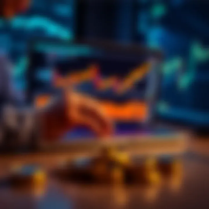 Investing in Cryptocurrency A person analyzing cryptocurrency charts and graphs on a laptop with coins on the table.