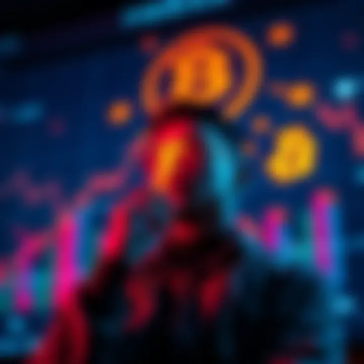 A person contemplating investment decisions with charts and cryptocurrency symbols in the background