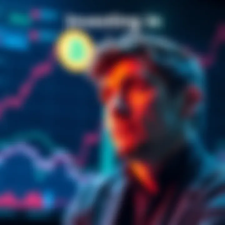 A person contemplating investing $60 in Kaspa cryptocurrency, with a graph showing upward trends in the background