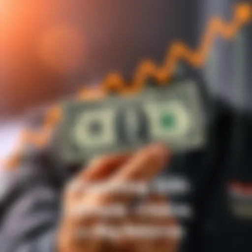 A person holding a twenty dollar bill with a graph showing financial growth in the background.