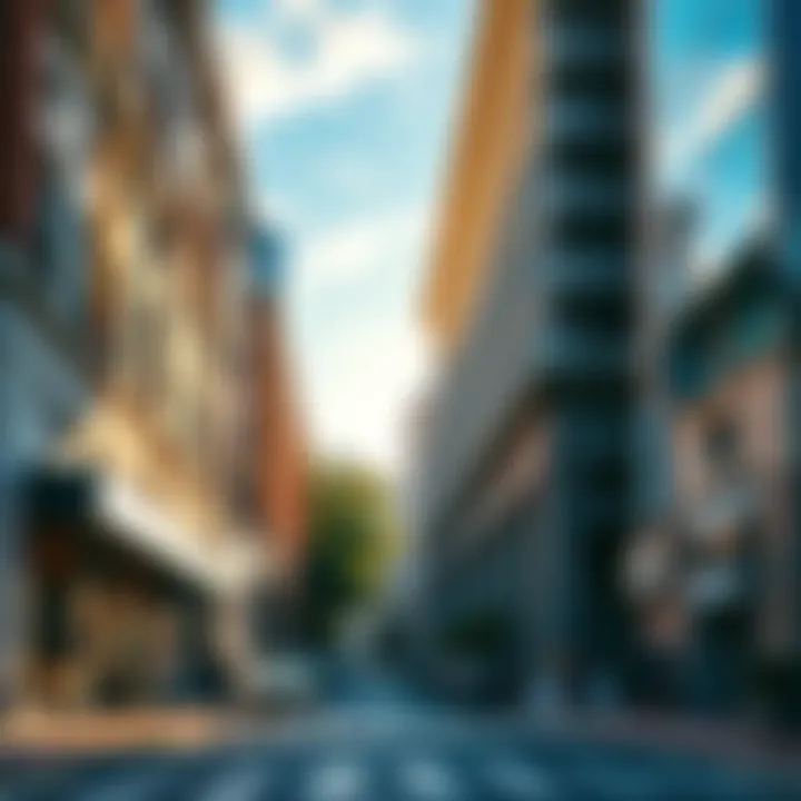 Investing in Streets vs Buildings A split image showing a busy street with shops on one side and a large iconic building on the other, representing investment options in urban areas.