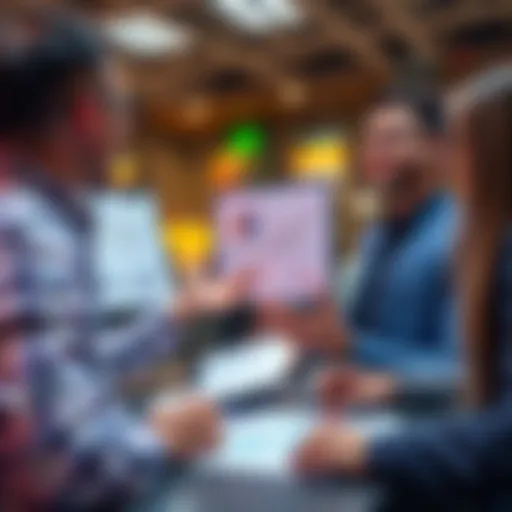 A person analyzing graphs and charts while seeking feedback on investment strategies with others in a lively discussion.