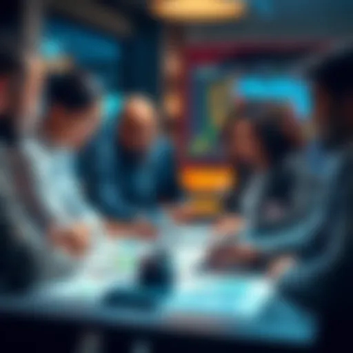 A group of diverse investors discussing investment portfolios with charts and graphs on a table.