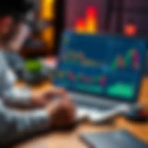 A person looking at cryptocurrency charts on a laptop with a notebook and pen beside them