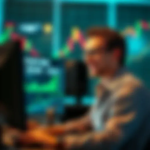 An investor looking at a computer screen showing negative cryptocurrency balance while feeling relieved, with a graph of the S&P 500 in the background