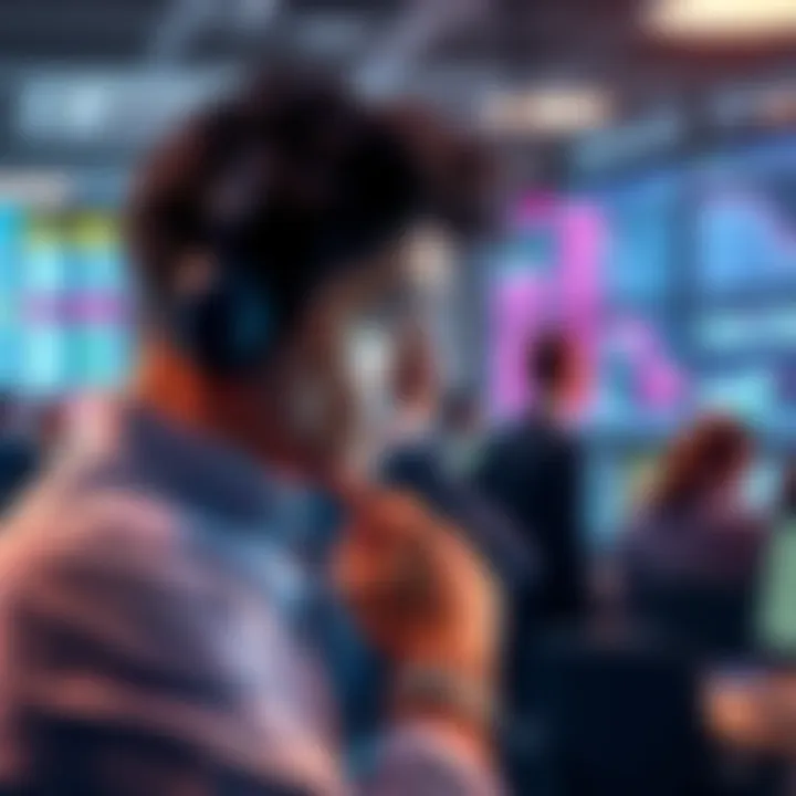 A concerned investor looking at stock charts, pondering selling decisions in a busy office environment.