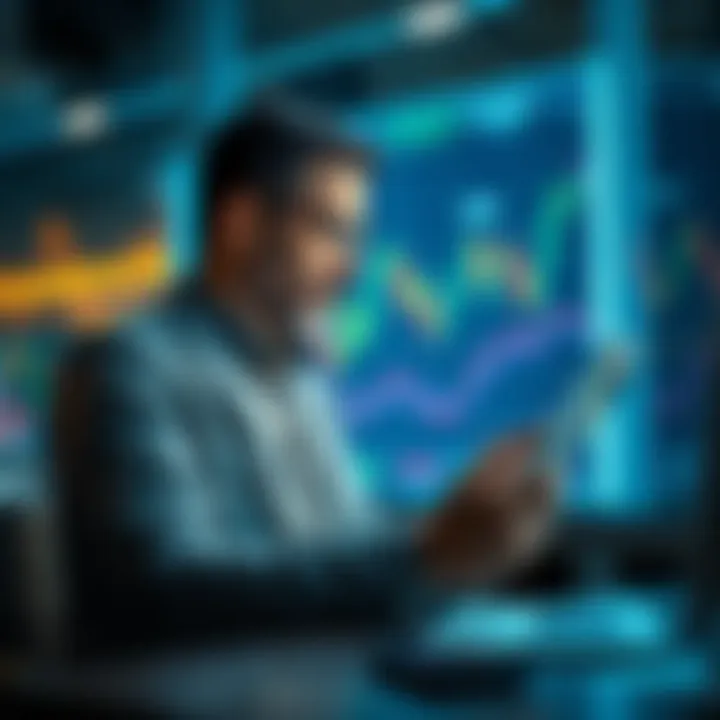 Investor Analyzing Market Trends An investor looking at charts and graphs to assess market trends and make decisions about reducing risks during a bull market.