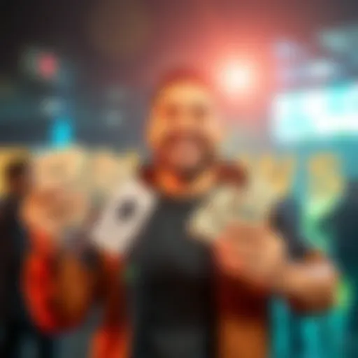 A happy investor holding cash and smiling, showing excitement after selling Ethereum for a large profit.