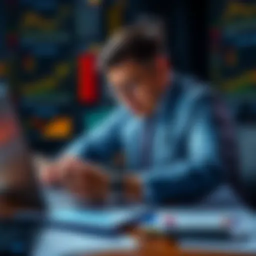 A worried investor looking at stock market graphs on a laptop, surrounded by financial documents, reflecting uncertainty about future profits.