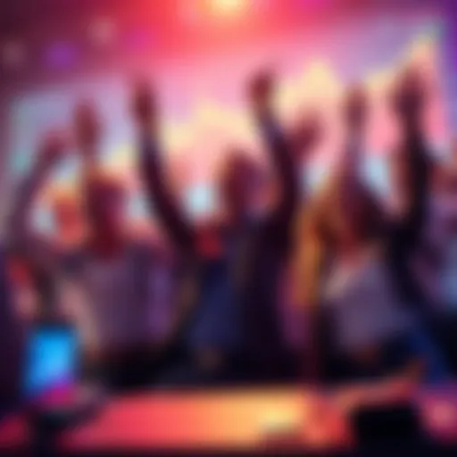 A group of happy investors celebrating gains with charts showing upward trends in the background.