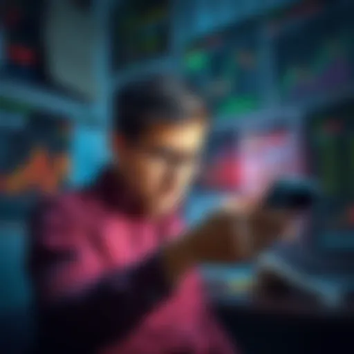 An investor looking stressed while checking stock performance on a phone, surrounded by financial reports and charts.
