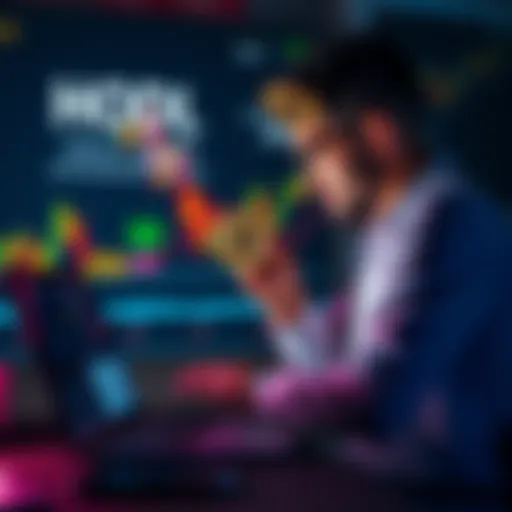 An investor sitting in front of a laptop, gazing at cryptocurrency graphs showing fluctuations, symbolizing patience and hope for market growth.