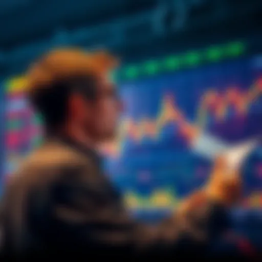 An investor looking at market charts with rising stocks, contemplating buying decisions at peak prices.