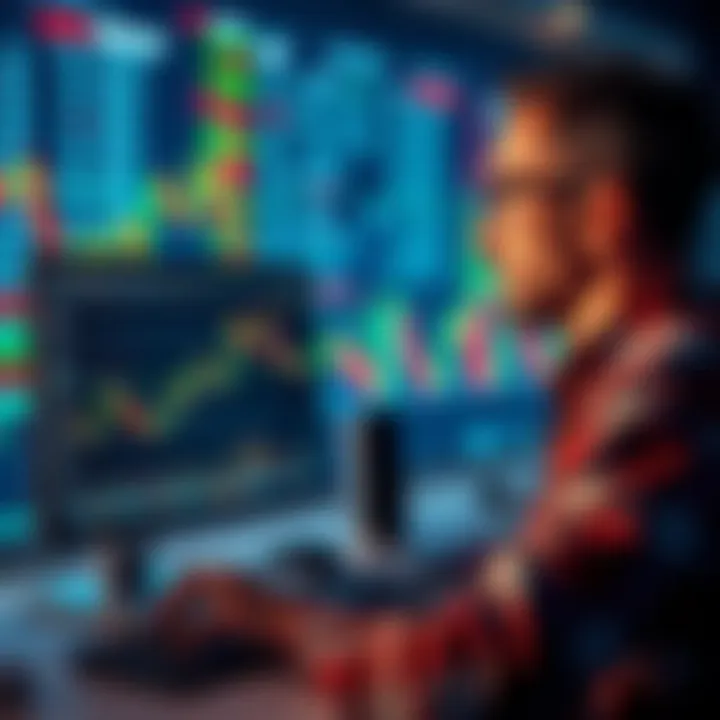 A calm investor reviewing stock charts on a computer while the market fluctuates in the background