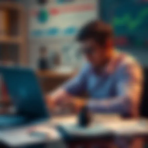 An investor sits at a desk with a laptop, looking worried, surrounded by papers and charts illustrating stock market trends, showing mixed results.