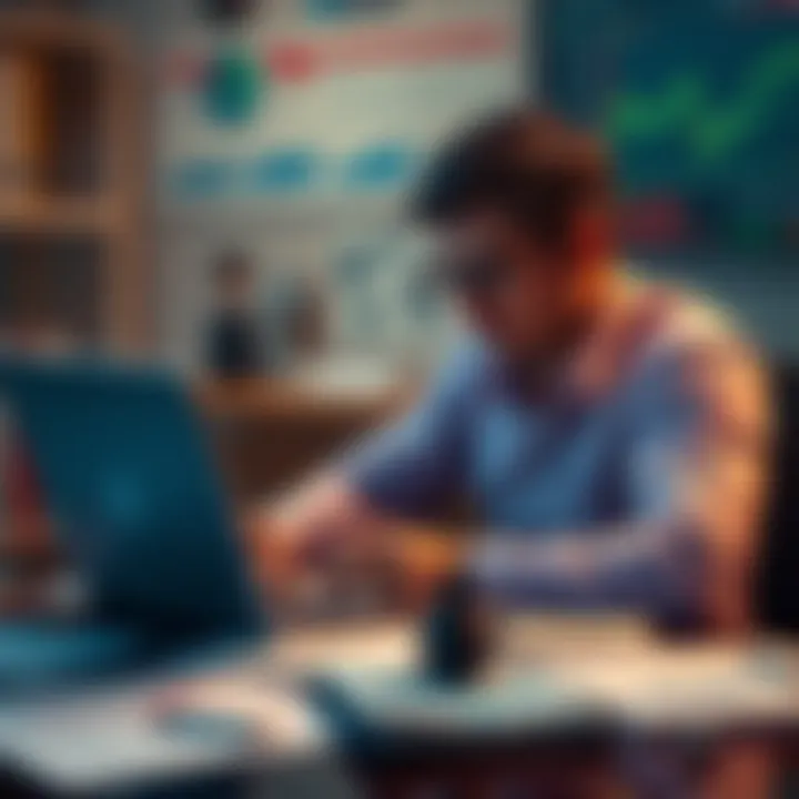 An investor sits at a desk with a laptop, looking worried, surrounded by papers and charts illustrating stock market trends, showing mixed results.