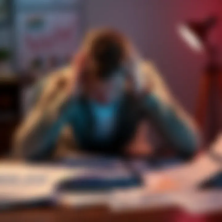 A person sitting at a desk looking worried, with charts and financial reports scattered around. They have their head in their hands, showing emotional stress about their investment decisions.