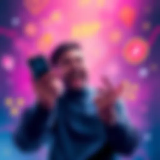 A person excitedly shares their recent investment in XRP with a smartphone, surrounded by cryptocurrency symbols and charts.