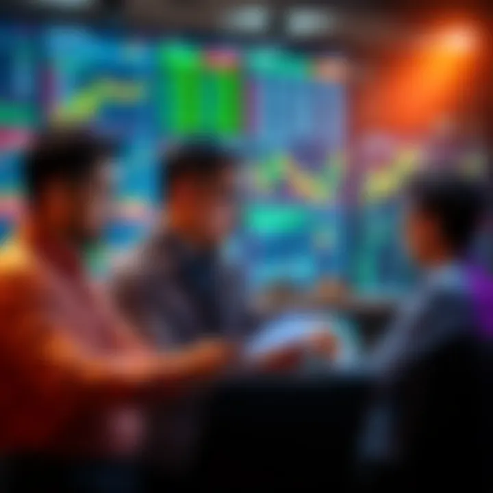Investors Analyzing Market Trends A group of investors studying financial charts and graphs, discussing options in front of a computer screen showing market data.