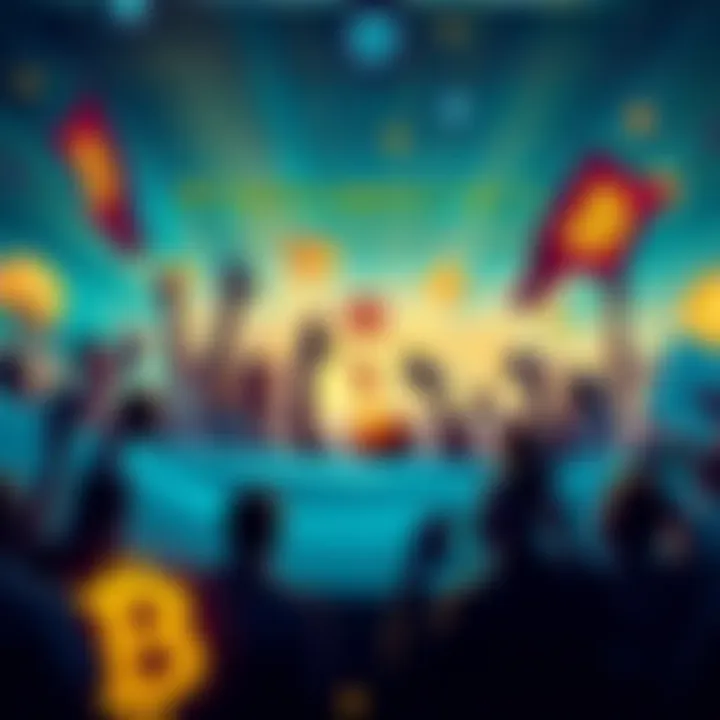 A group of people celebrating with banners and Pi cryptocurrency graphics, showing excitement for potential growth in the market.