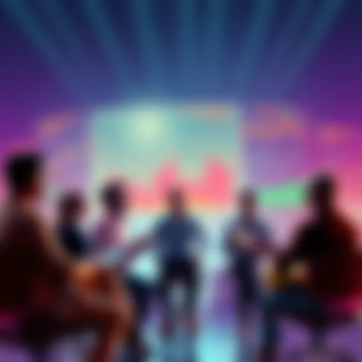 A group of investors engaging in a discussion about emerging technology and market trends, with charts and graphs displayed around them.