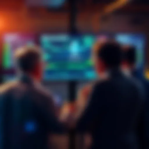 Group of investors discussing strategies while watching Ethereum charts on a screen