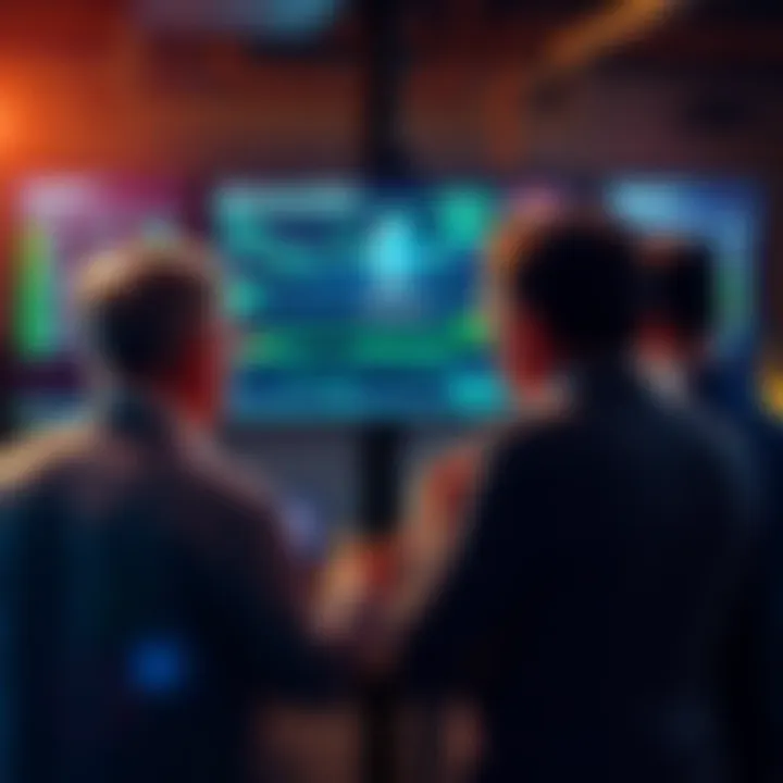 Group of investors discussing strategies while watching Ethereum charts on a screen