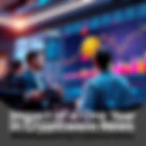 A group of investors discussing cryptocurrency trends with charts and graphs on a digital screen