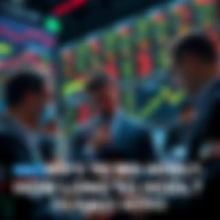 A group of investors looking at market charts and discussing strategies for holding investments after a major economic speech.