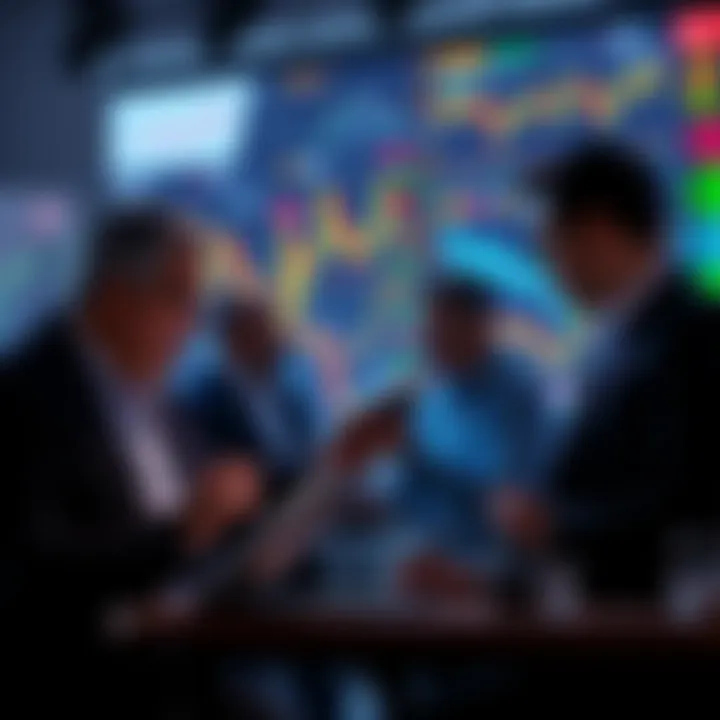 Investors Analyzing Market Trends A group of investors looking at market charts and graphs, discussing trends in trading during Uptober.