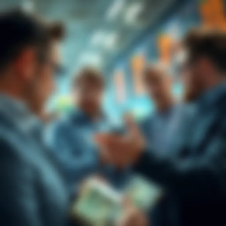 Group of investors discussing stock purchases during a market dip