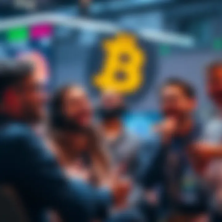 A group of happy investors discussing Bitcoin price drops and potential buying opportunities in a lively forum setting.