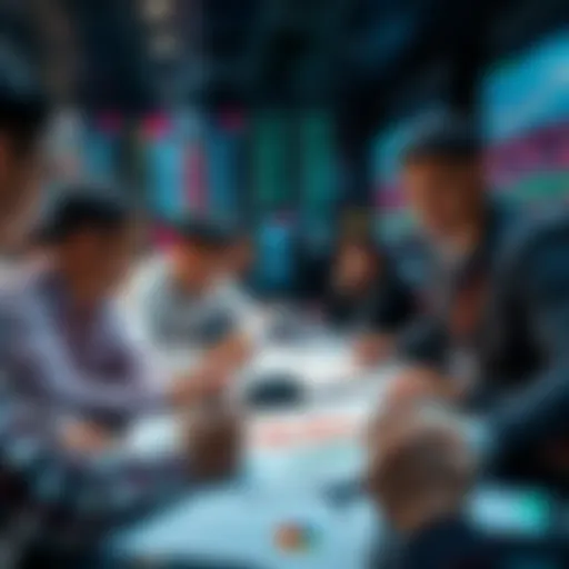 A group of investors discussing China's economic updates with charts and graphs on a table during a busy trading session.