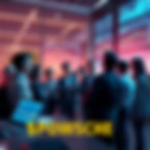 A group of people engaging in a discussion about $POWSCHE cryptocurrency, surrounded by charts and digital screens showing market trends.