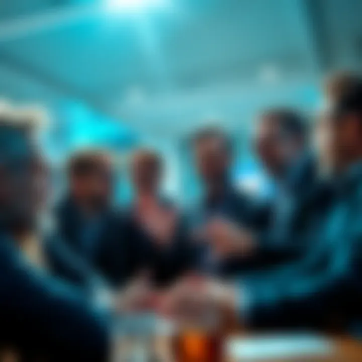 A group of investors discussing XRP with positive expressions, showing interest in cryptocurrency investments