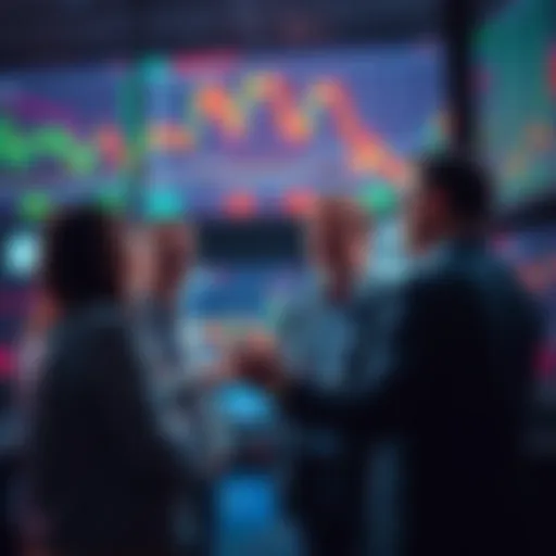 A group of investors analyzing market charts and discussing strategies with hashtags visible on screens