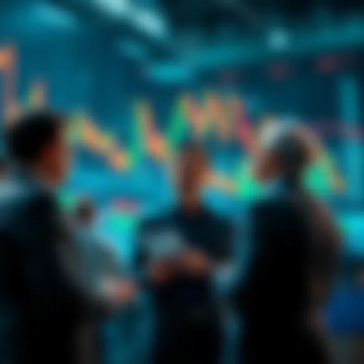 A group of investors discussing strategies during a temporary market dip, with financial graphs and charts in the background, symbolizing a fire sale.